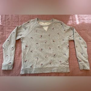 Lucky Brand gray pullover with embroidered roses pink medium sweater
